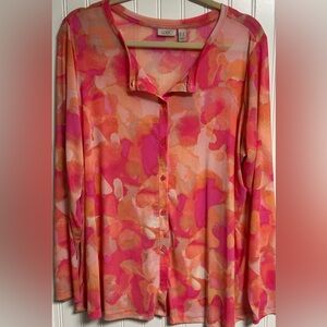 LOGO Lori Goldstein Watercolor Printed Mesh Button Cardigan Plus Size 1X